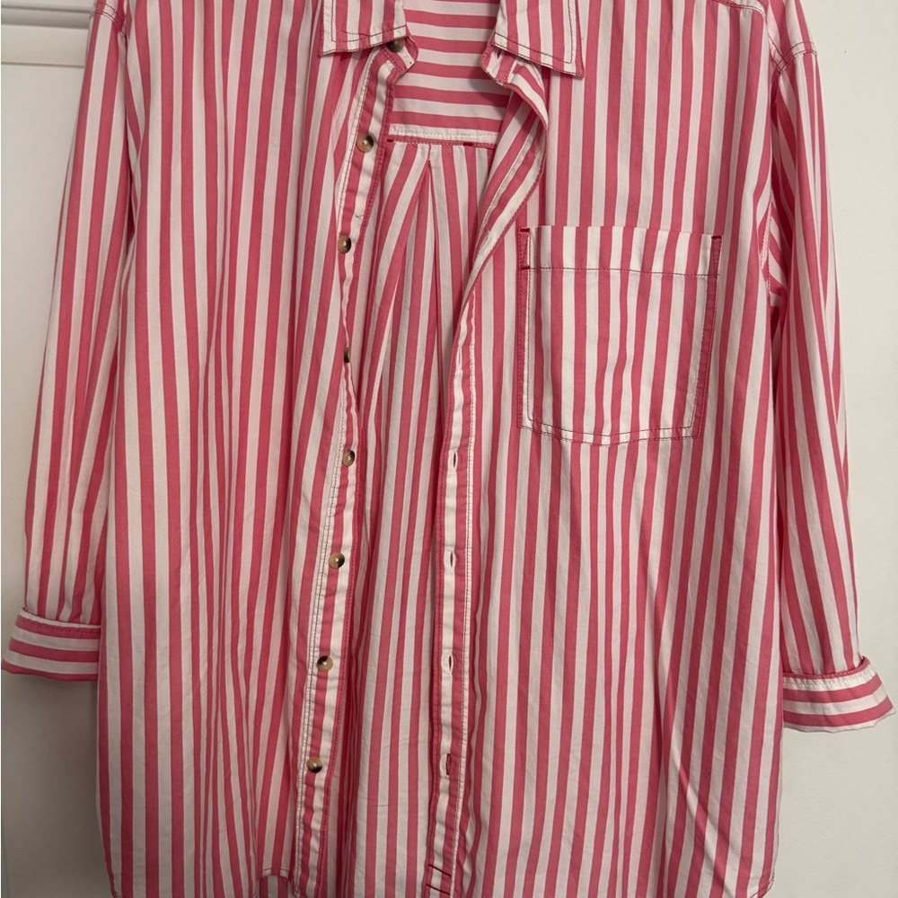We The Free Pink and White Striped Button-Up Shirt